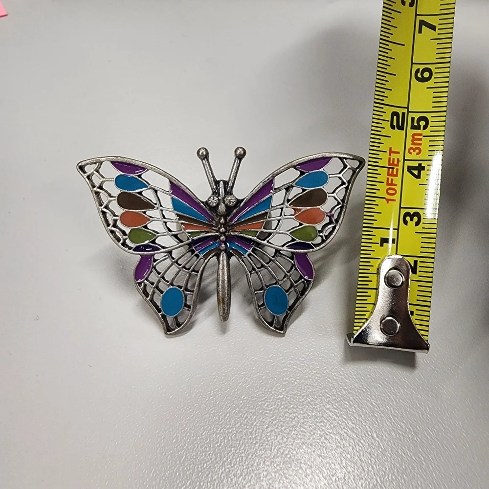 Art Nouveau Style Multi-Color Enamel & Silver Tone Filigree Butterfly Statement